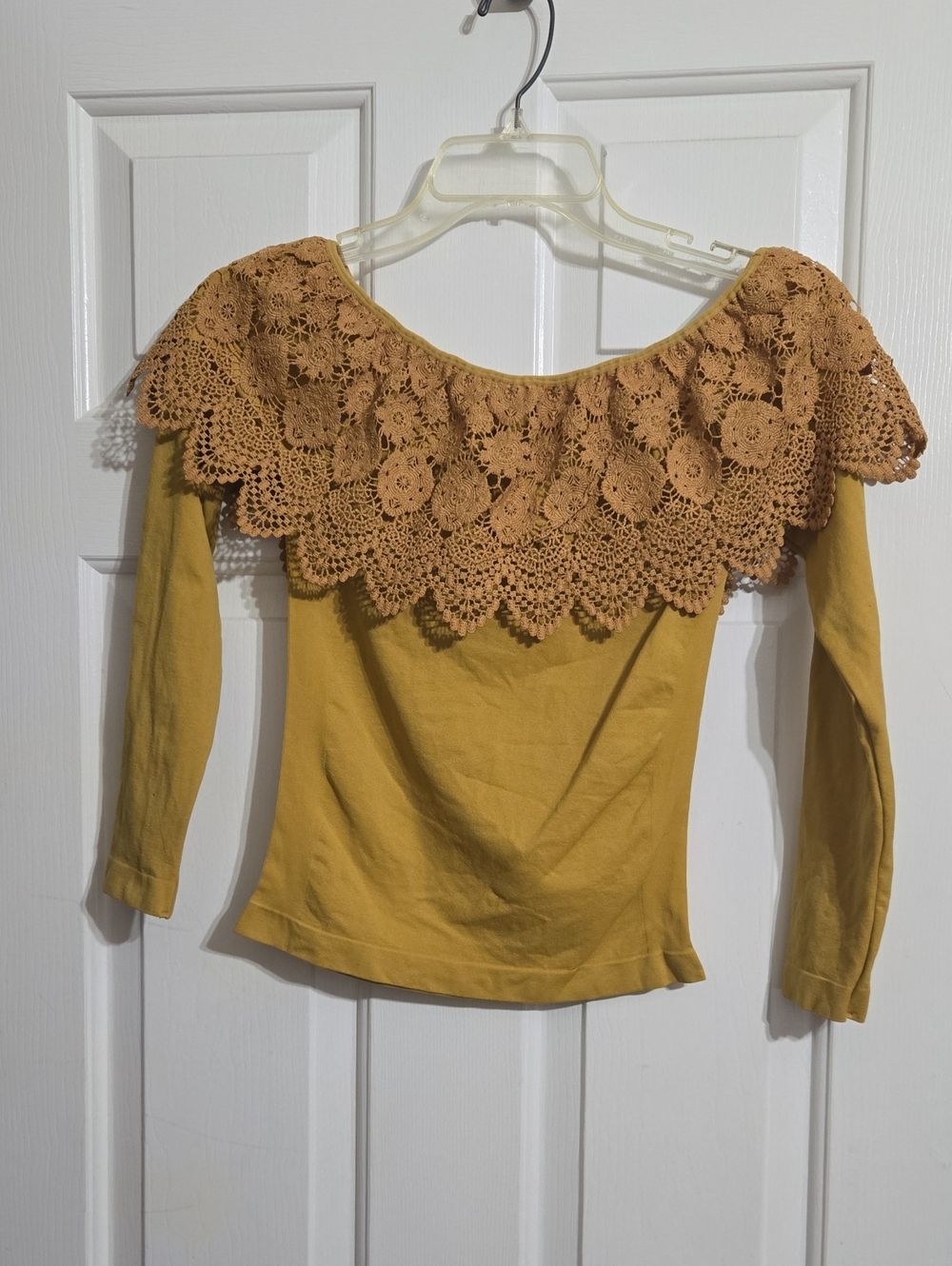 Women's Mustard Off-Shoulder Crochet Yoke Long Sleeve Top